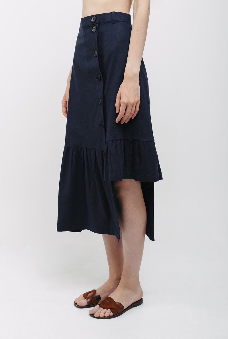 Dark Blue Linen Gathered Skirt - กระโปรง - ลินิน 