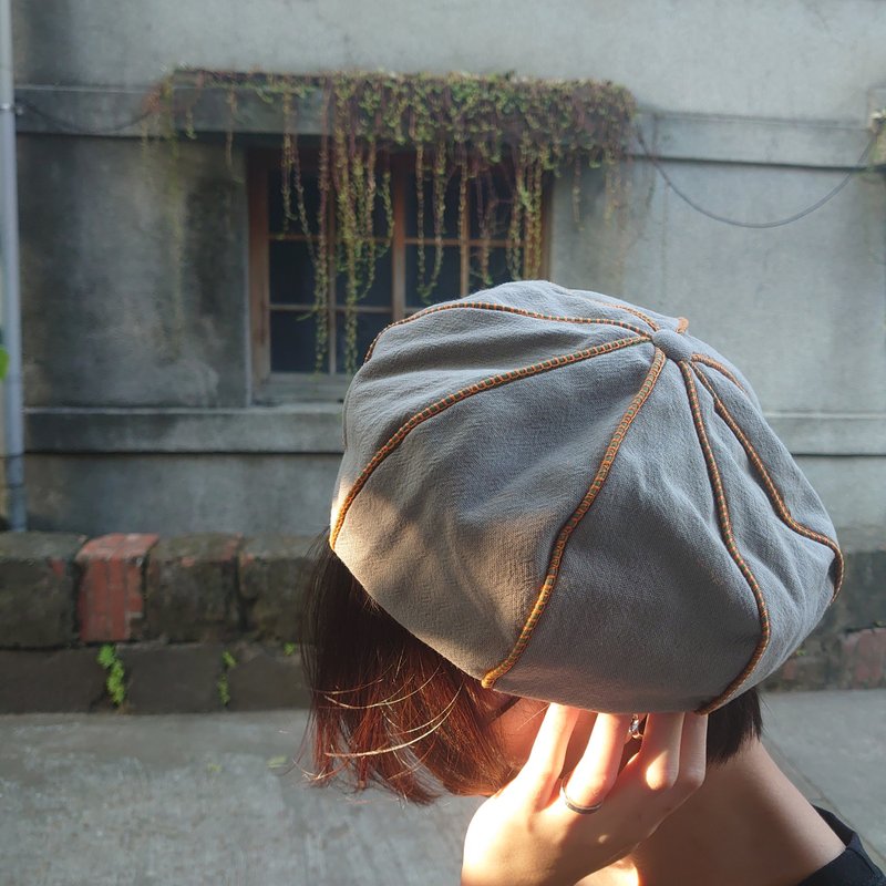 糸文 棉麻貝雷帽-灰橘線 頭圍60cm - 帽子 - 棉．麻 灰色