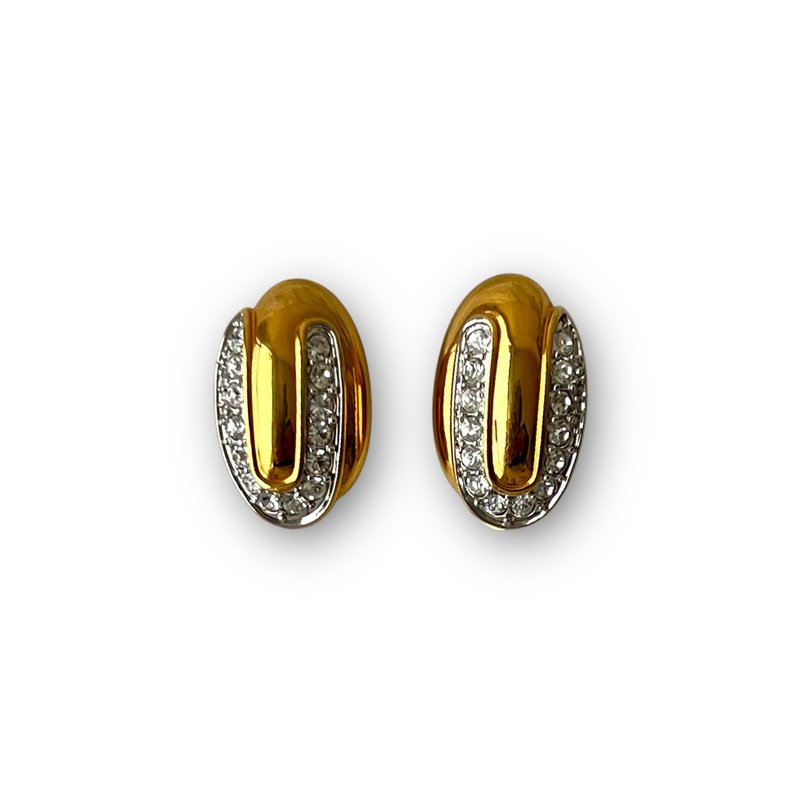 Vintage Swarovski Swan Logo Rhinestone Crystal Gold Tone Oval Clip-on Earrings - ต่างหู - โลหะ สีทอง