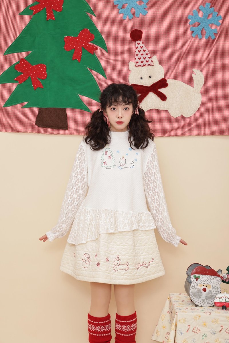 復古少女 蕾絲拼接刺繡童趣針織衫 - 女毛衣/針織衫 - 其他材質 白色