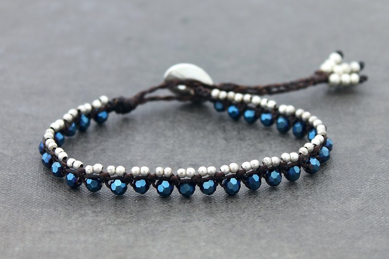 Beaded Crystal Bracelets Petite Midnight Blue Silver Woven Cord Bracelets  - Bracelets - Gemstone Blue