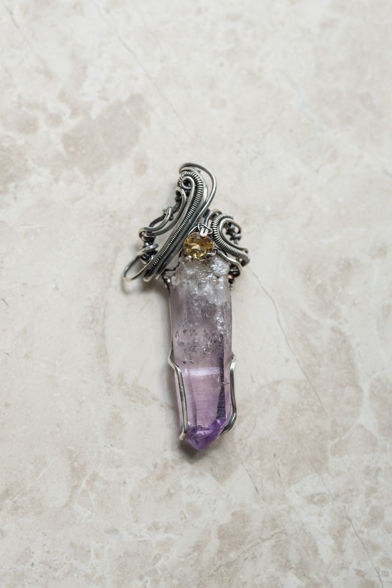 【Wrap Around Studio】S925 Wire Wrapping | Amethyst and Citrine Pendant Necklace - Necklaces - Sterling Silver Multicolor