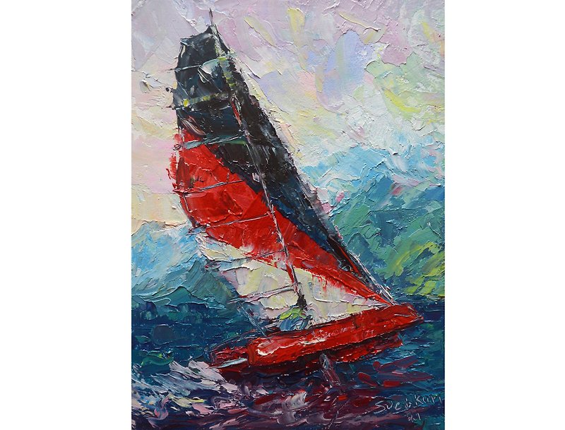 Catamaran painting Seascape original art Sailing Ship Wall decor Artwork 油画 - ตกแต่งผนัง - วัสดุอื่นๆ สีน้ำเงิน