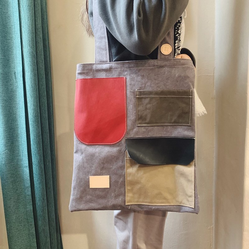 Super multi-pocket leather color-blocking tote bag/red and black leather/grey/knock printed English characters - Messenger Bags & Sling Bags - Genuine Leather Gray