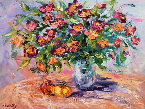 Original oil painting artist Svinar Oksana Pomegranate Flowers Apple Impasto Oil Painting Original Artist Svinar Oksana