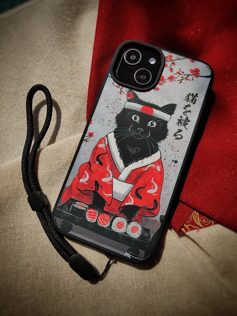 Embossed Printed Case with Wrist Strap for iPhone 13 Series, Kuro Cat - Phone Cases - Acrylic Black