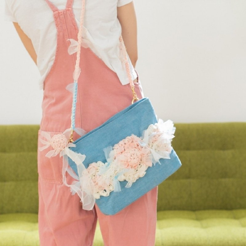 ラブリー | 咲き編みポシェット・クラッチ | デニム - 側背包/斜背包 - 其他材質 粉紅色