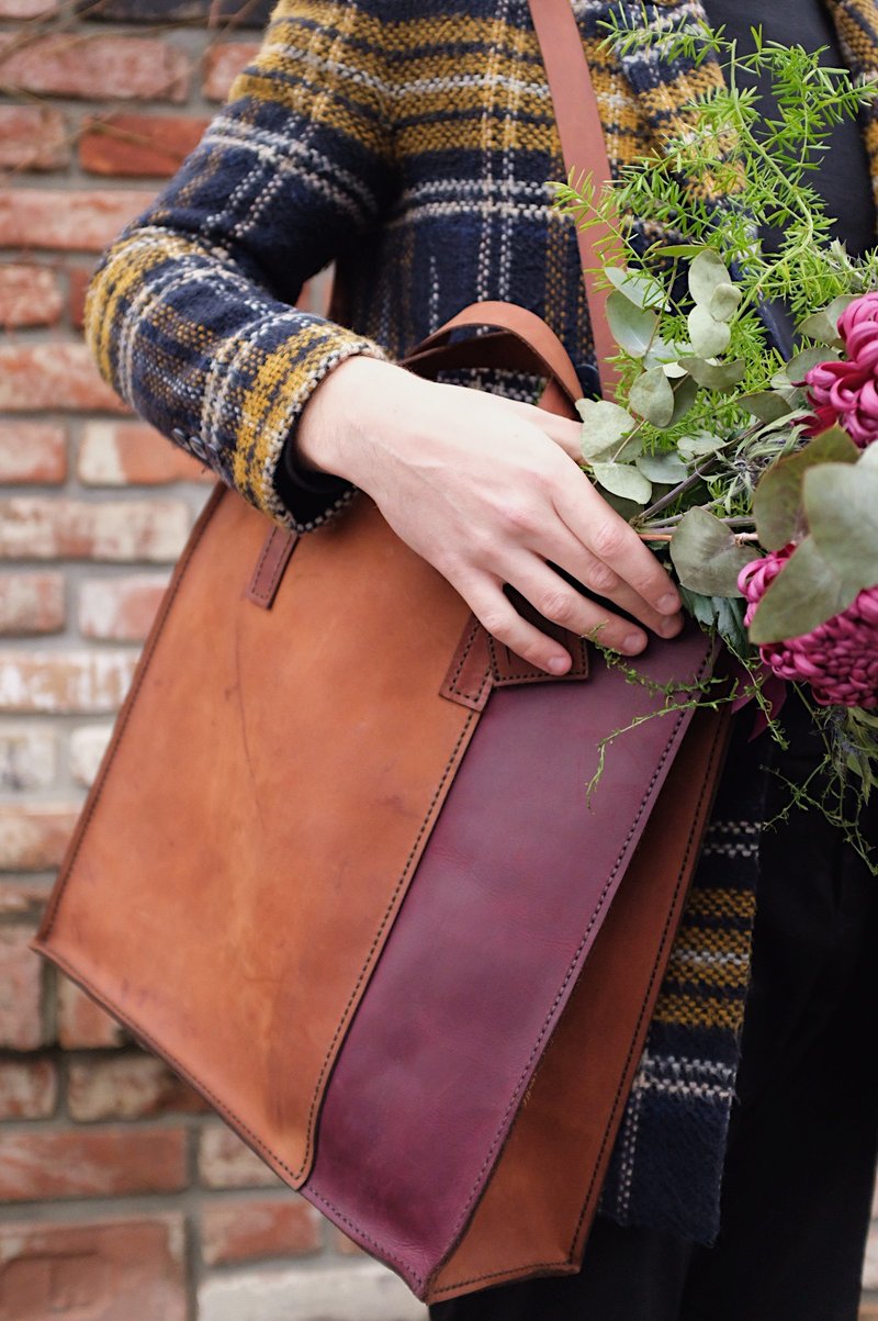 handstiched leather shopper; leather tote bag; big leather bag; leather tote bag - 手提包/手提袋 - 真皮 多色