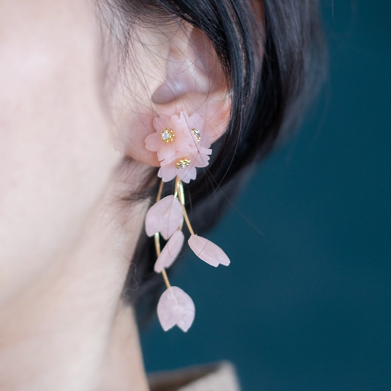 黏土 耳環/耳夾 粉紅色 - 2way:櫻花 軟陶垂墜耳環 / 耳夾