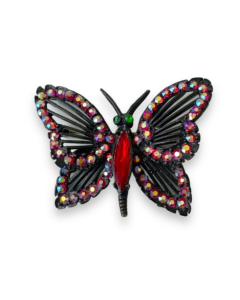 Vintage Weiss Butterfly Brooch 1960s USA signed black red crystal pin gift idea - เข็มกลัด - โลหะ หลากหลายสี