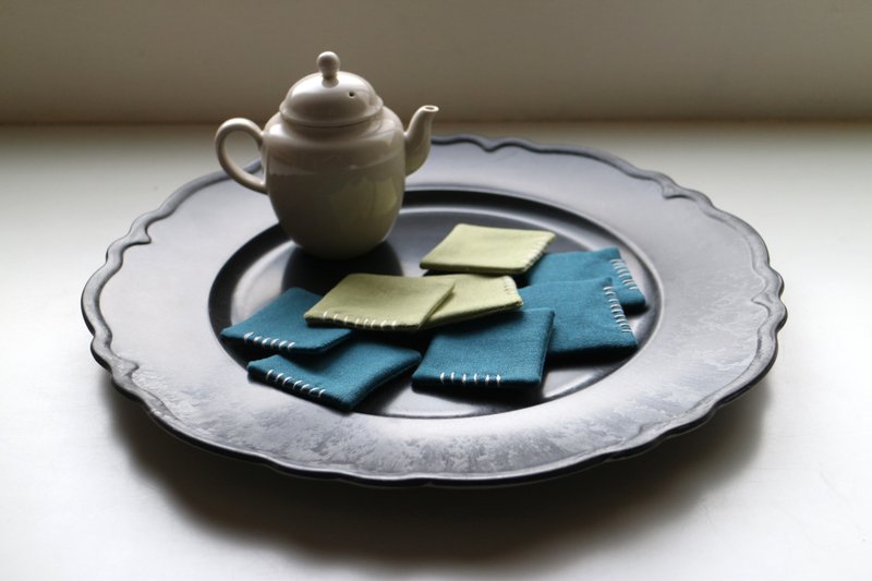 Mini Embroidered Coasters / Peacock Blue, Grass Green - Coasters - Cotton & Hemp Multicolor