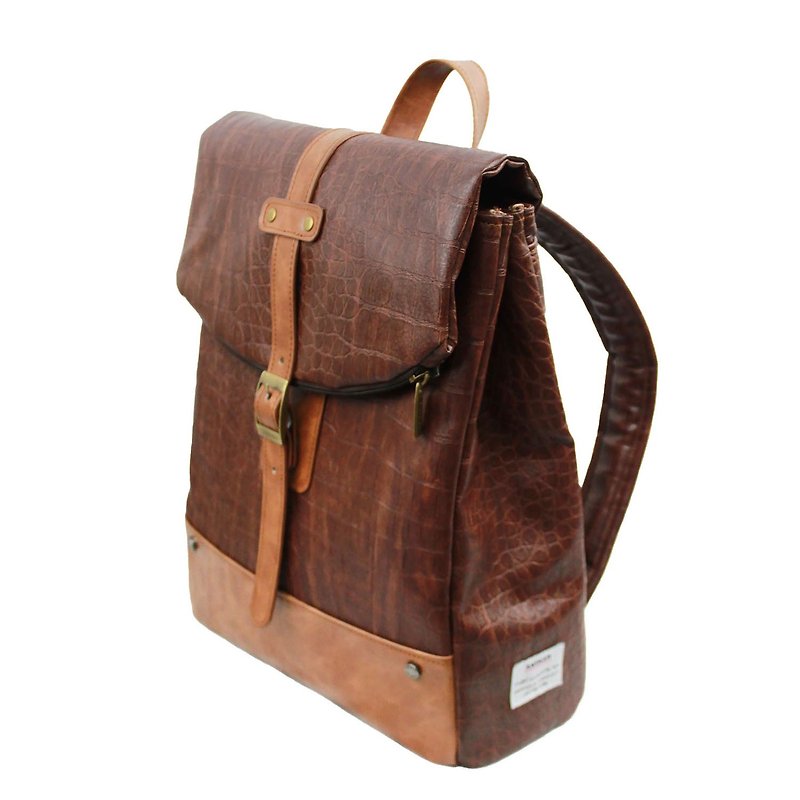 AMINAH-Coffee Rustic Leather Backpack 【am-0304】 - กระเป๋าเป้สะพายหลัง - หนังเทียม สีนำ้ตาล
