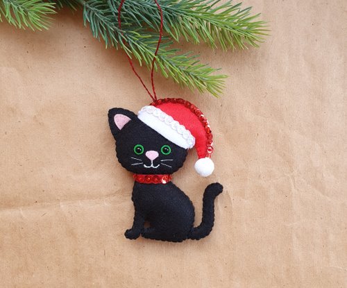 黒猫、猫のクリスマスデコレーション、クリスマスツリー、サンタ