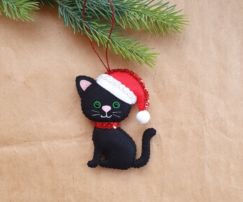 Black cat, cat Christmas decoration, Christmas Tree, Kitten in Santa Hat - ตุ๊กตา - วัสดุอีโค 