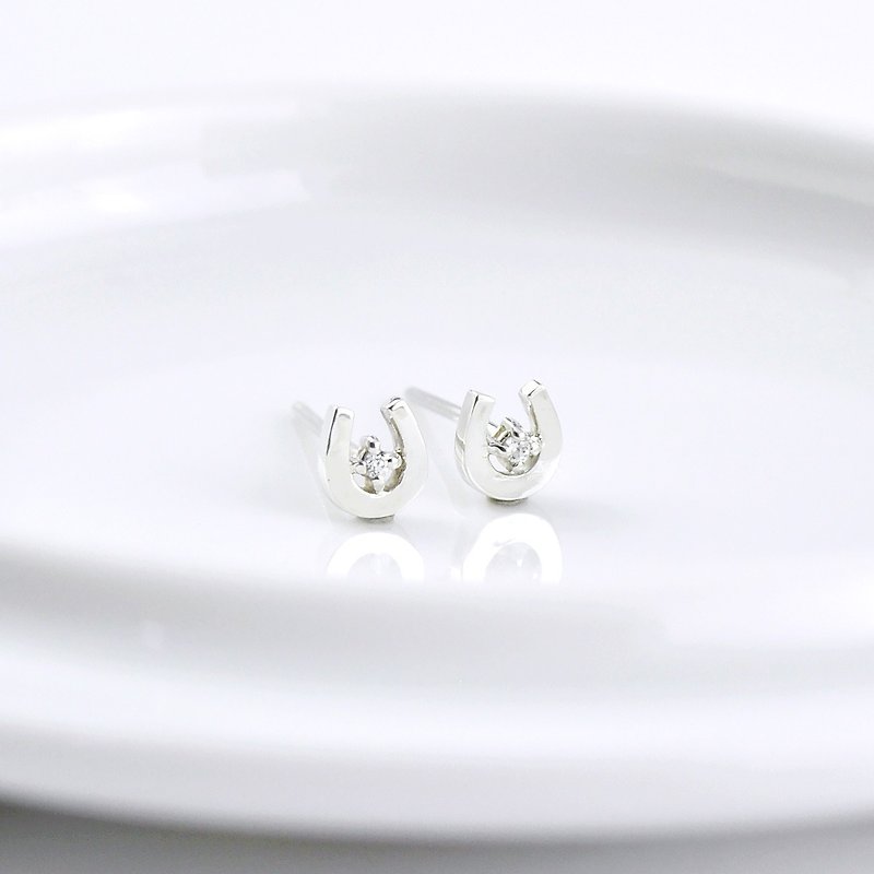 Sterling Silver Horseshoe Earrings with CZ diamond - Earrings & Clip-ons - Sterling Silver Silver