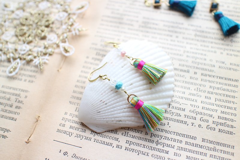 Colorful summer-natural stone tassels brass earrings - Earrings & Clip-ons - Other Metals Multicolor