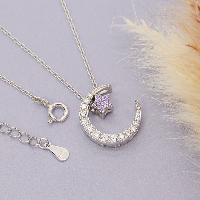 Devalier Birthstone Necklace Women's Accessories Gold Silver 925 Crystal Moon Star Wrapping February Birthday Gift Amethyst Color - Necklaces - Other Metals Silver