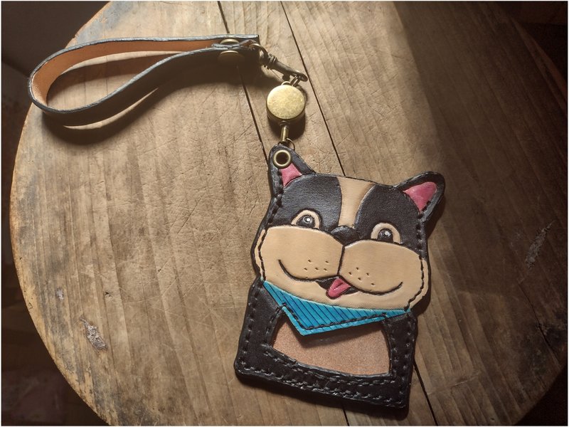 Cute tongue out method pure cowhide retractable identification card / leisure card holder - can be engraved on the back - ID & Badge Holders - Genuine Leather Black