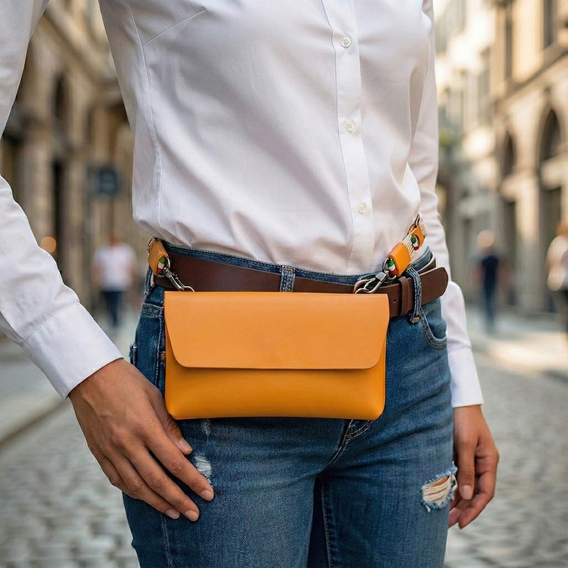 COZI-義大利植鞣革 橫式 多功能手機腰掛包 摺疊手機包 胸包 手腕 - 手機殼/手機套 - 真皮 橘色