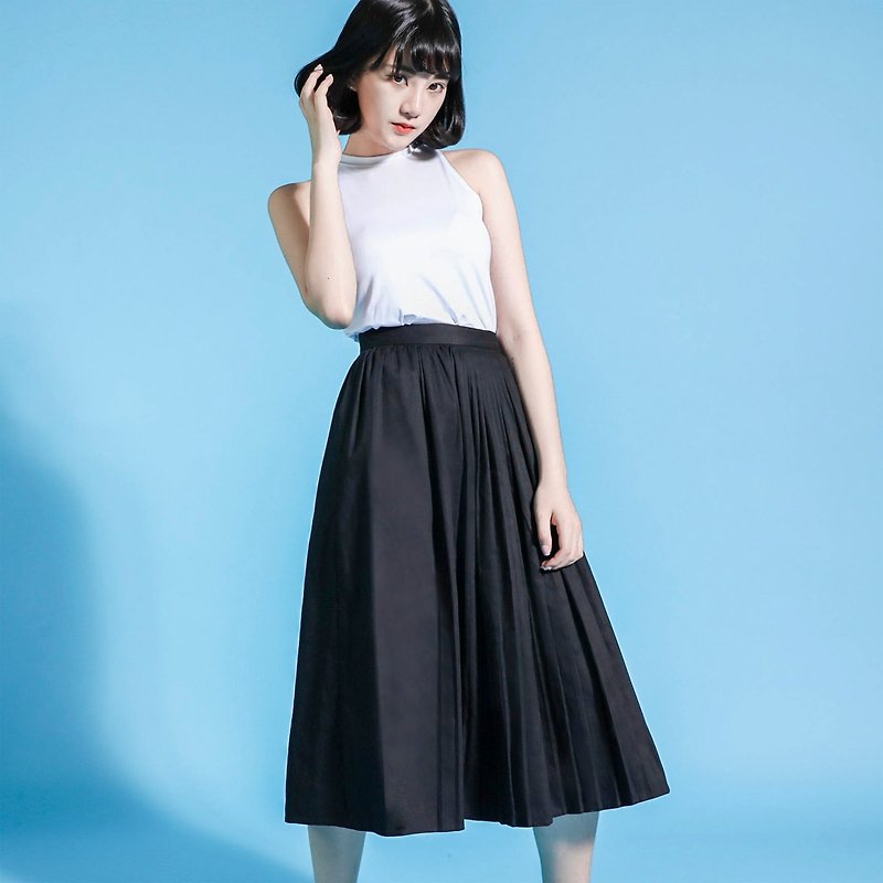 SU: MI said Asymmetry medium Asymmetry black pleated skirt _6SF202_ - กระโปรง - ผ้าฝ้าย/ผ้าลินิน สีดำ