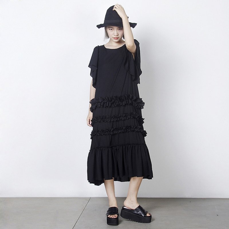 Micro-bomb cotton fly sleeves dress dresses - imakokoni - ชุดเดรส - ผ้าฝ้าย/ผ้าลินิน สีดำ