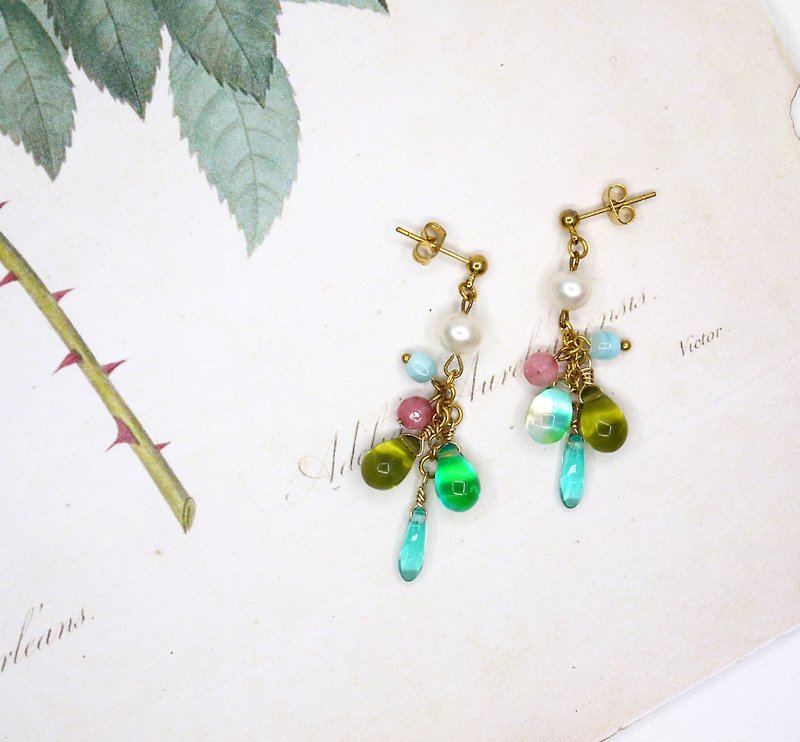 [Riitta] Fruit Pie Pearl Drop Transparent Crystal Agate Chalcedony Earrings (changeable clip type) - ต่างหู - เครื่องเพชรพลอย 