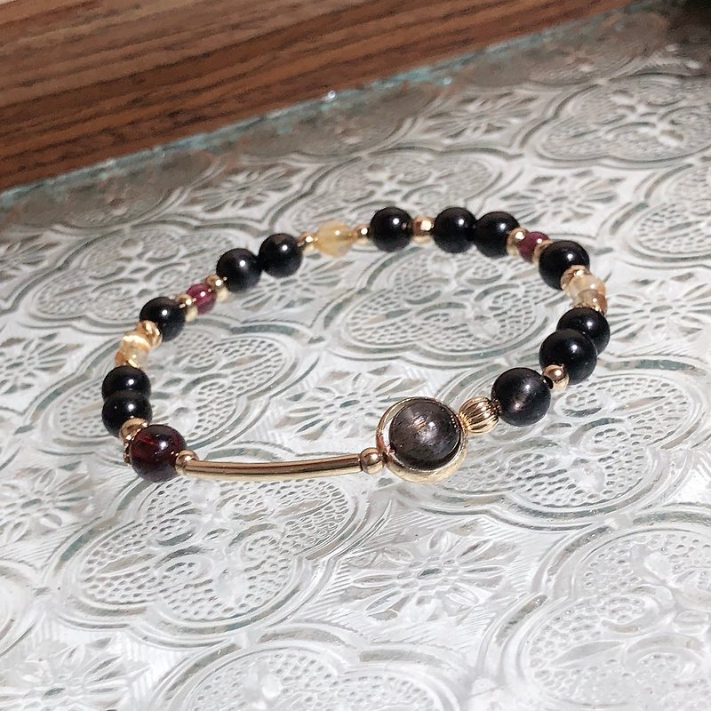 Gold luck stone, black bone, garnet Tai Sui bracelet - Bracelets - Semi-Precious Stones 