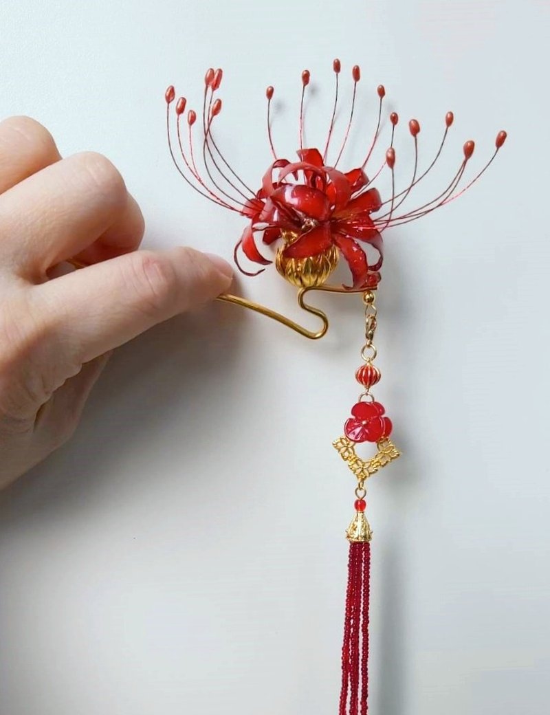 彼岸花系列【中國風】~蛇形髮簪 (可拆式流蘇) - 髮夾/髮圈 - 其他材質 紅色