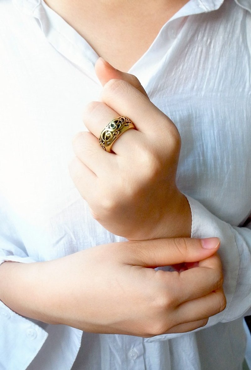 雲紋刻花純黃銅戒指-窄版 抗過敏銅飾 - 戒指 - 其他金屬 金色