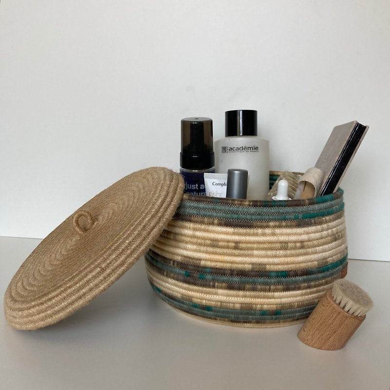 Green - beige Cotton rope basket 21.5 cm x 15 cm - Shelves & Baskets - Cotton & Hemp Green