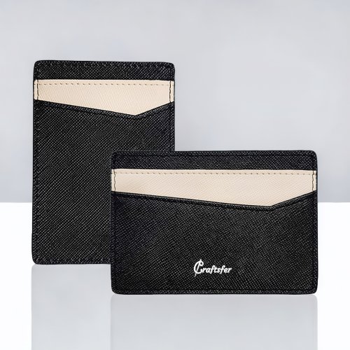 Craftsfer 【刻字】SeriesV義大利十字紋Mix RFID真皮信用卡套(黑色/米白)