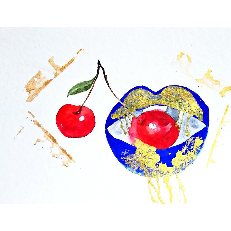 Watercolor Original Art Cherry Painting Fruit Artwork Lips Room Decor Painting - Posters - Paper Multicolor