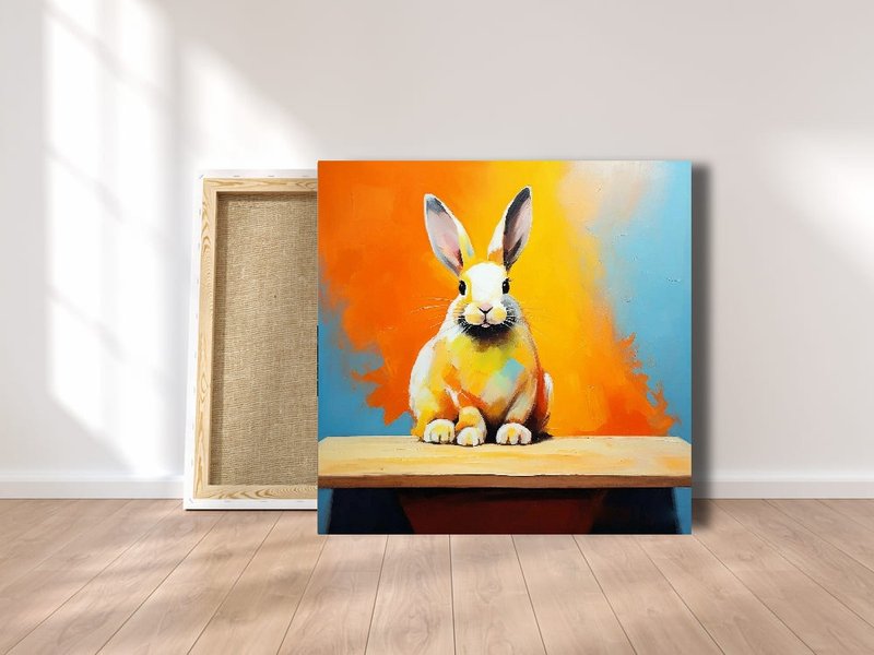 Bunny animal original painting, Rabbit wall art - โปสเตอร์ - ผ้าฝ้าย/ผ้าลินิน หลากหลายสี