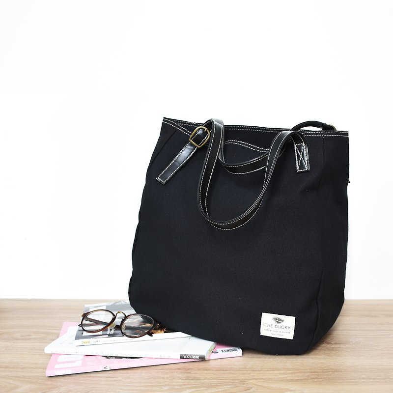 sack tote - black - กระเป๋าถือ - ผ้าฝ้าย/ผ้าลินิน สีดำ