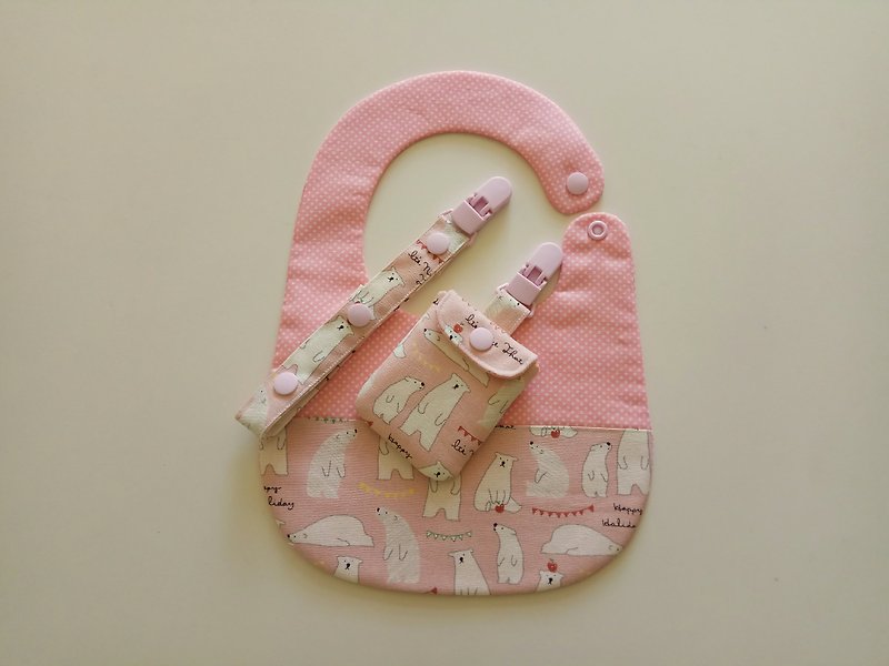 Pink polar bear Mi Yue gift bib + Ping Fu bag + pacifier clip - Baby Gift Sets - Cotton & Hemp Pink
