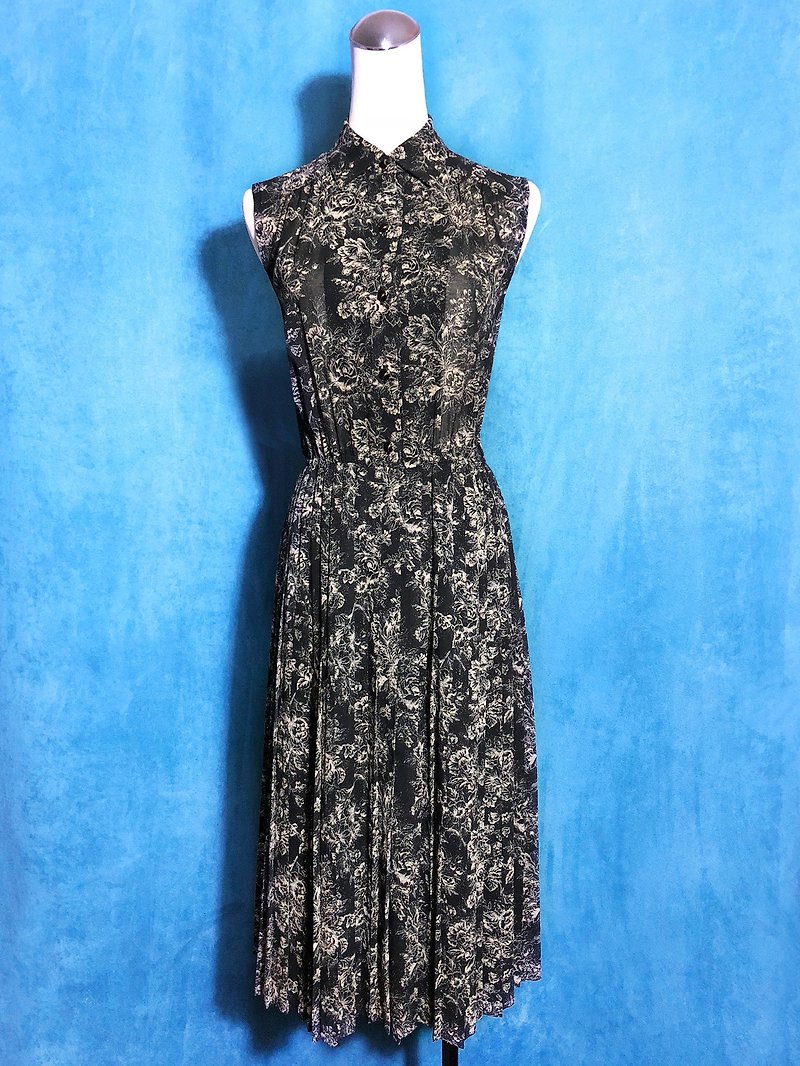 Print flowers Sleeveless vintage dress / Bring back VINTAGE abroad - ชุดเดรส - เส้นใยสังเคราะห์ สีดำ