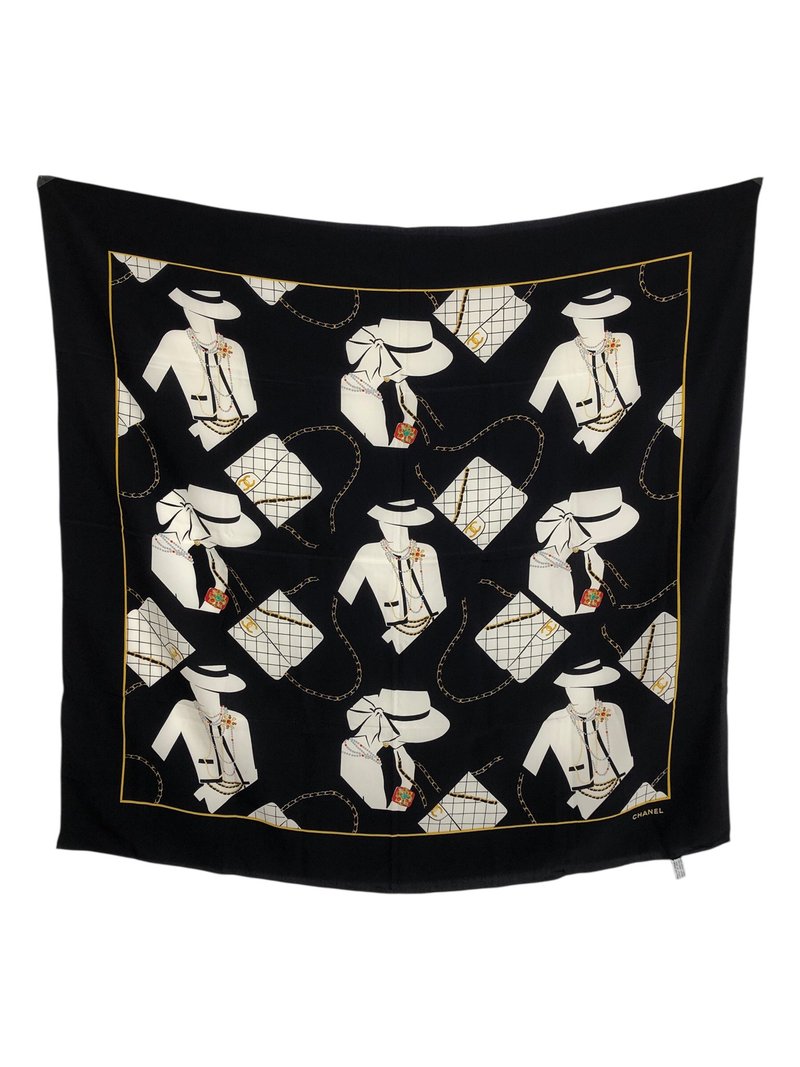 【 日本直送　名牌中古包 】CHANEL シャネル マドモアゼル スカーフ ブラック ホワイト シルク vintage ヴィンテージ オールド r3ea4i - 絲巾 - 絲．絹 黑色