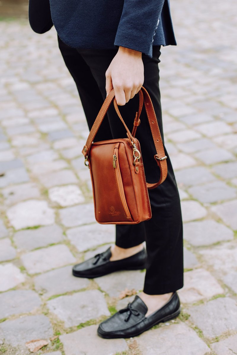 Mens mini shoulder bag - Messenger Bags & Sling Bags - Genuine Leather Brown