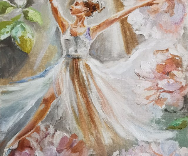 ル・バレエ。繊細な油絵。牡丹の中のバレリーナ。 - ショップ