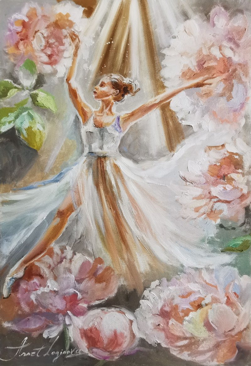芭蕾舞 精致的油画。牡丹中的芭蕾舞者 - 壁貼/牆壁裝飾 - 其他材質 多色