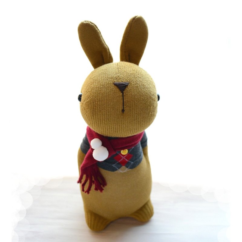 Fully hand-sewn natural style sock doll ~ Christmas little snowman scarf Domi Rabbit (limited sale only one) - ตุ๊กตา - ผ้าฝ้าย/ผ้าลินิน สีกากี