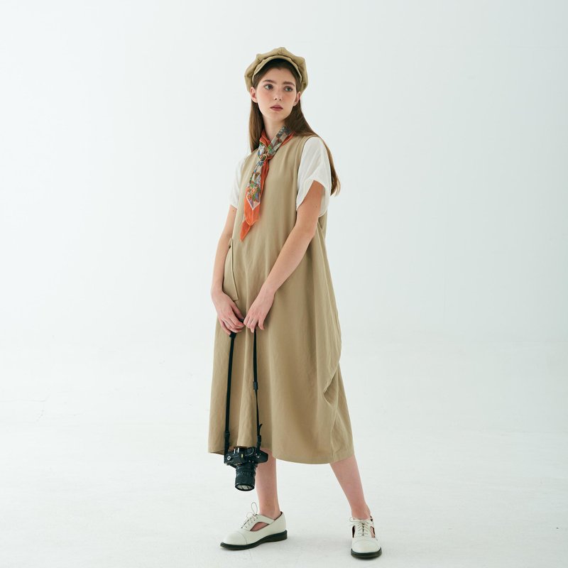 KHAKI COTTON SOFT VEST DRESS - ชุดเดรส - ผ้าฝ้าย/ผ้าลินิน สีกากี