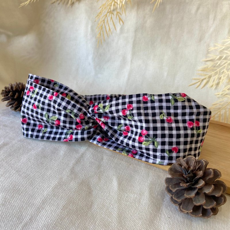 髮帶/交叉髮帶/俏皮格子櫻桃 - 髮箍/髮帶 - 棉．麻 黑色