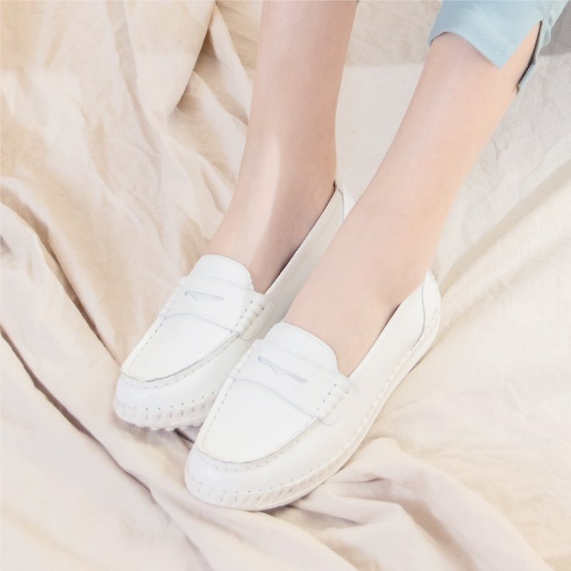 Leather Lazy Lok Fu Magnet Thick Bottom Air Cushion Balloon Shoes (Simple White) - Women's Oxford Shoes - Genuine Leather White