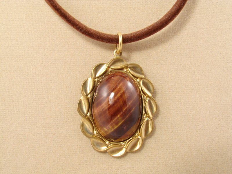 Brown Tiger Eye Cat Eye Necklace Gold Brass Brown Stone Pendant Necklace Jewelry - 項鍊 - 半寶石 咖啡色
