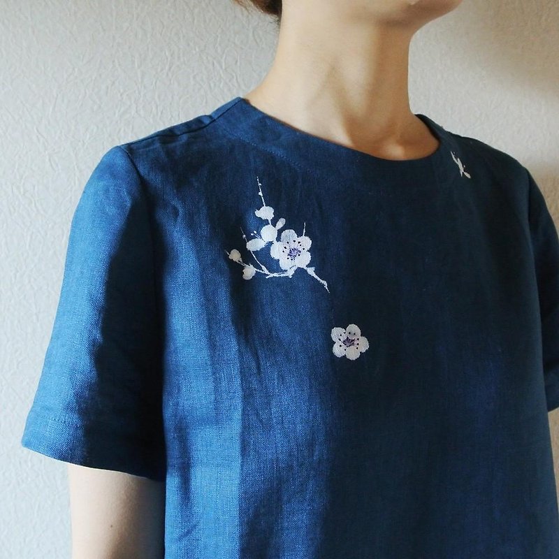 Linen · short sleeve one piece dress blue <white plum> - ชุดเดรส - ผ้าฝ้าย/ผ้าลินิน 