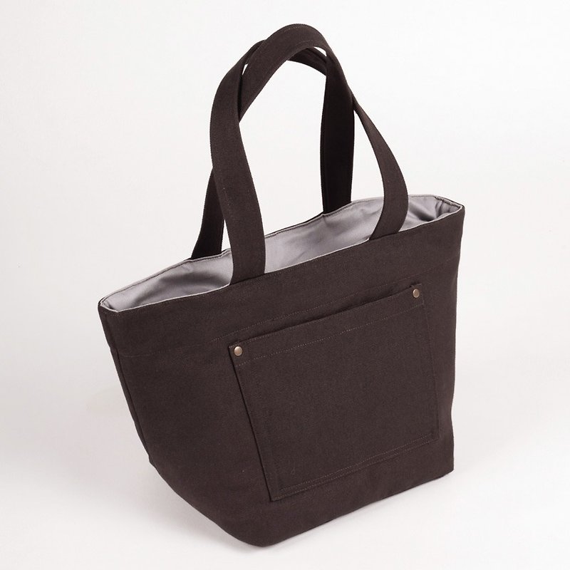 Outer pocket Tote - Brown - กระเป๋าถือ - ผ้าฝ้าย/ผ้าลินิน สีนำ้ตาล
