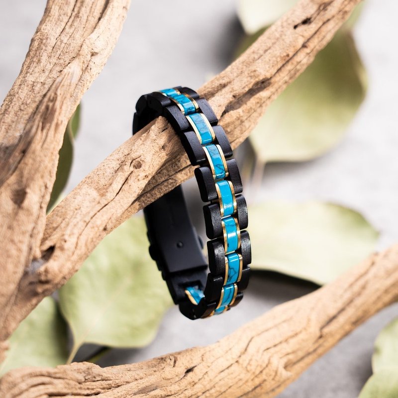 EINBAND Wood Bracelet Natural stone × Natural wood luxury bracelet Turquoise × Ebony wood - สร้อยข้อมือ - ไม้ สีนำ้ตาล