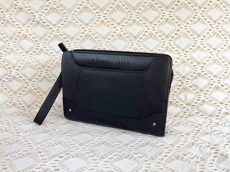 90s KANSAI YAMAMOTO Vintage Clutch // Handbag // Wristlet, front logo - 手拿包 - 真皮 黑色