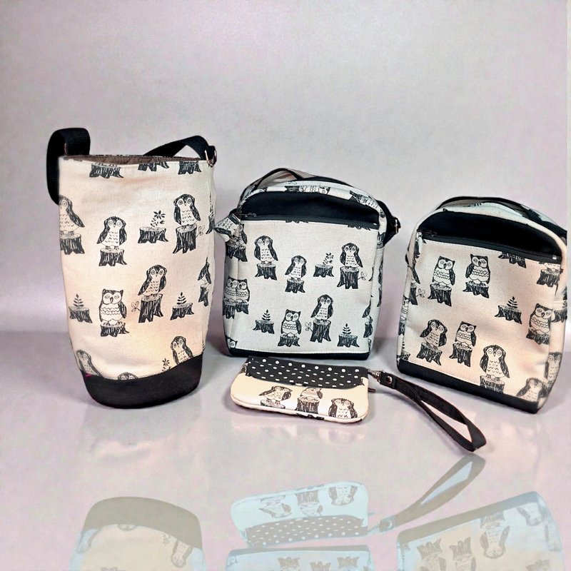 BagelMom 貓頭鷹黑白色系-手提水壺袋_手作布包 - 手提包/手提袋 - 棉．麻 多色